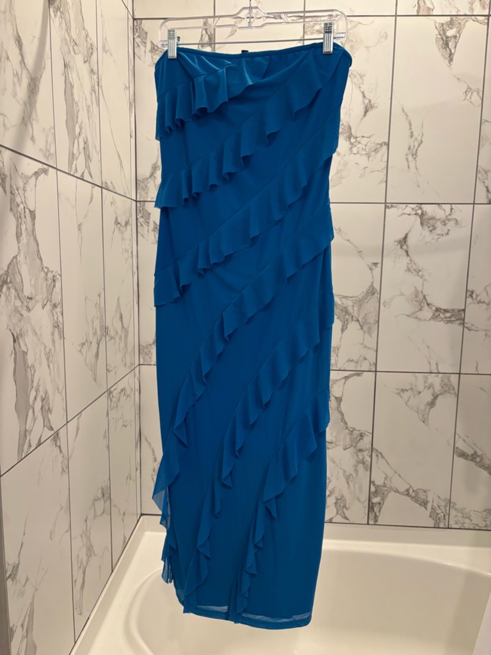 Strapless Blue Ruffle Maxi Dress - Picture 2 of 4